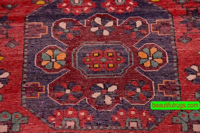 Authentic Russian rug, geometric Caucasian rug with red and navy blue colors. Size 4x6.2