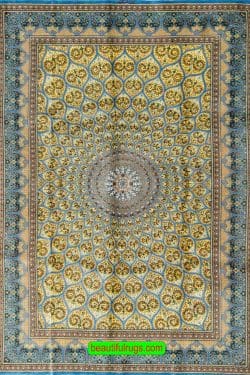 Silk Carpet from Iran, Mosque design, blue and gold color. Size 4.6x6.5