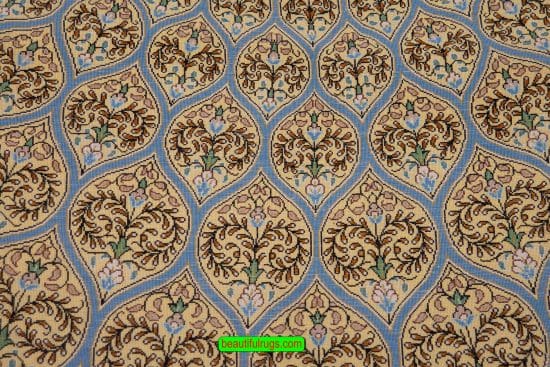 Silk Carpet from Iran, Mosque design, blue and gold color. Size 4.6x6.5