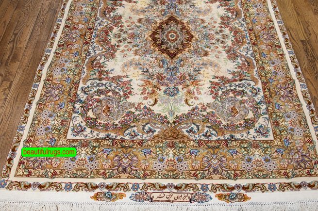 Silk Persian rug with beige and brown colors. Size 4.10x7.3