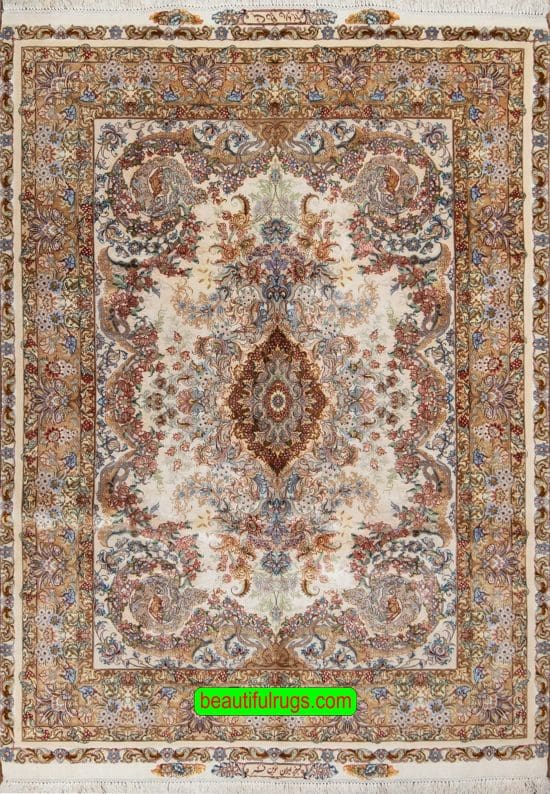 Silk Persian rug with beige and brown colors. Size 4.10x7.3