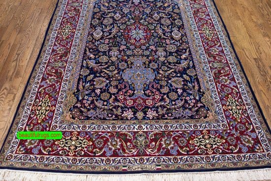 Arch design Persian Isfahan rug with vase and flowers, navy blue and red. Size 5x8.2