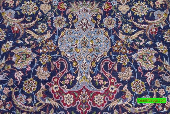 Arch design Persian Isfahan rug with vase and flowers, navy blue and red. Size 5x8.2