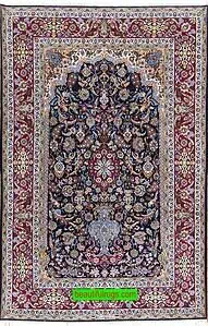 2463- Handmade arch design floral area rugs, 5x8 navy blue and red Persian Isfahan rug made from kork wool and silk.