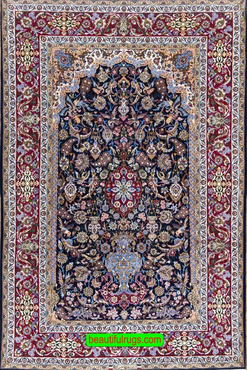 Arch design Persian Isfahan rug with vase and flowers, navy blue and red. Size 5x8.2