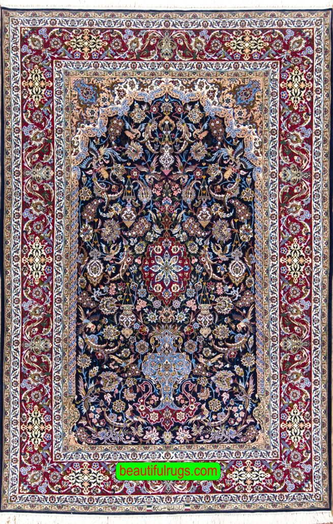 Arch design Persian Isfahan rug with vase and flowers, navy blue and red. Size 5x8.2