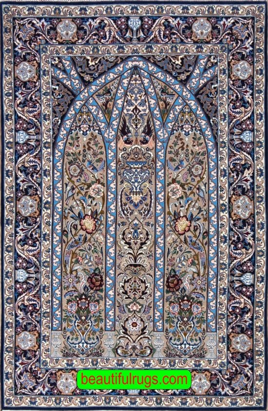 Pray rug with arch design and birds, blue and navy blue. Size 3.7x5.10