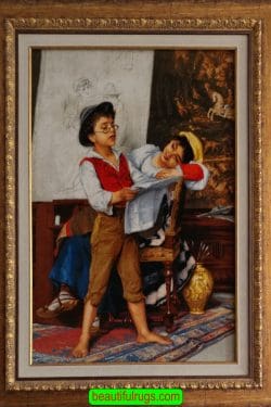 Romantic pictorial rug. Handmade Persian Tabriz Pictorial Rug, rug depicting a boy is reading newspaper for a young girl sitting on the chair. Size 2.1x3