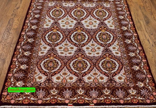 Eggplant color Persian Isfahan wool and silk rug, Ghajar design. Size 4x6