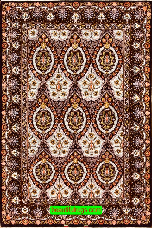 Eggplant color Persian Isfahan wool and silk rug, Ghajar design. Size 4x6