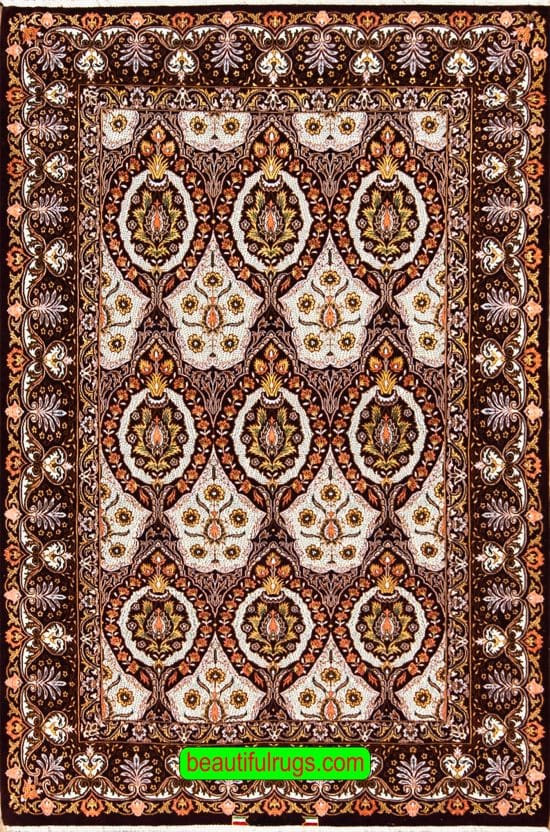 Eggplant color Persian Isfahan wool and silk rug, Ghajar design. Size 4x6