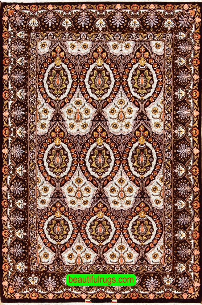 Eggplant color Persian Isfahan wool and silk rug, Ghajar design. Size 4x6