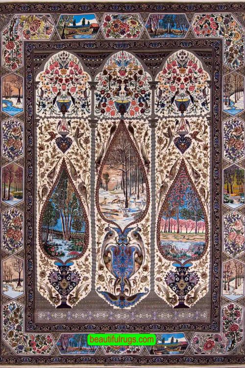 Multicolor hand knotted Persian Isfahan rug with vases, birds and flowers. Size 11.9x16.multicolor. Size 11.9x16.