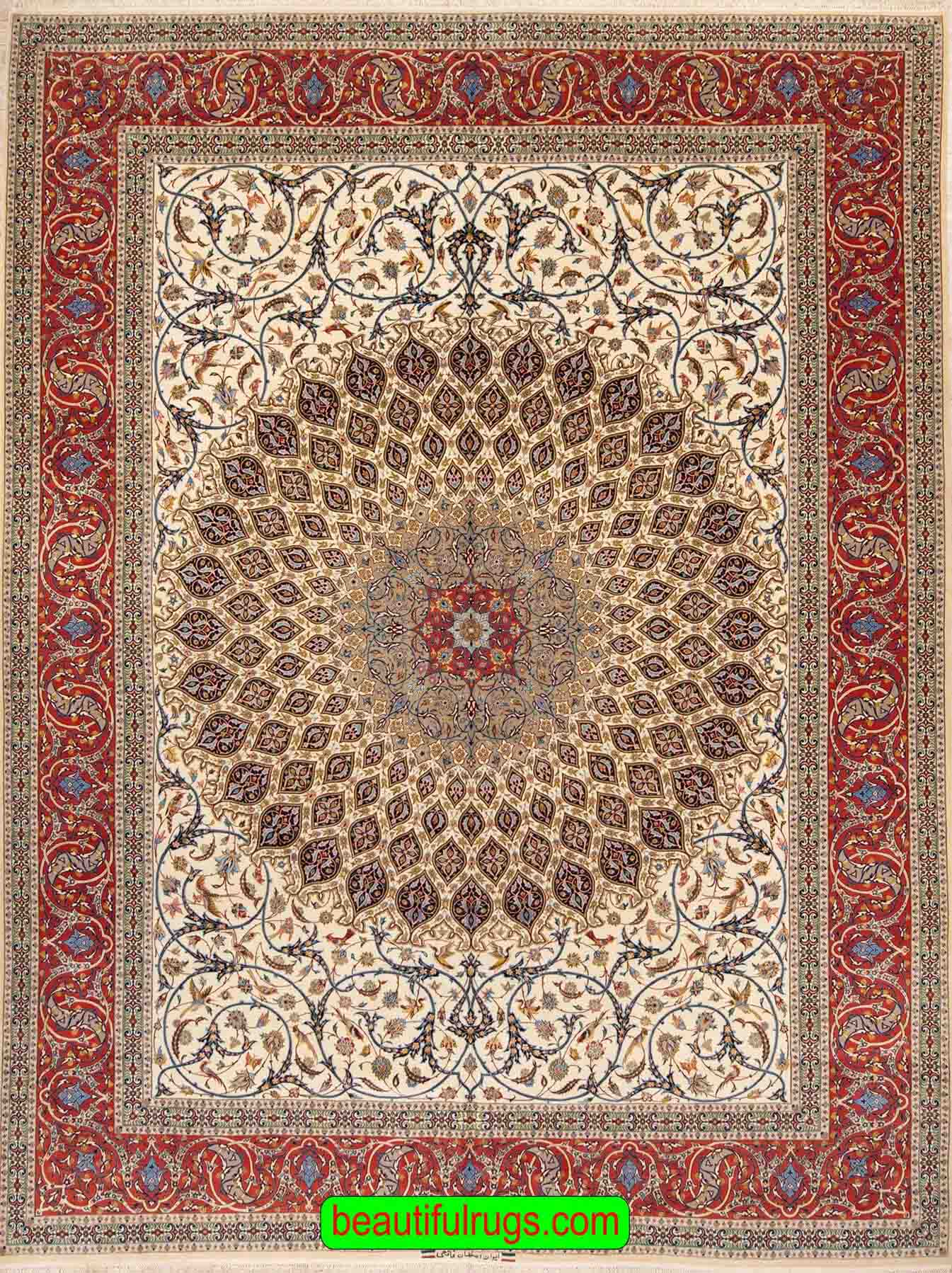 Handmade Persian Isfahan wool and silk rug, beige color background and rustic red border with round center medallion. Size 10.2x13.7.