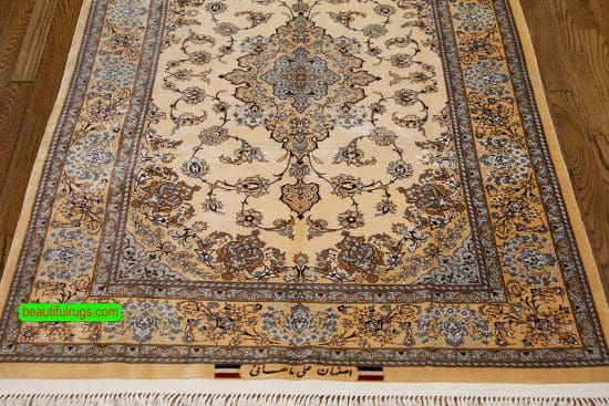 Pure silk Persian Isfahan handmade rug in pastel color. Size 3.7x5.8