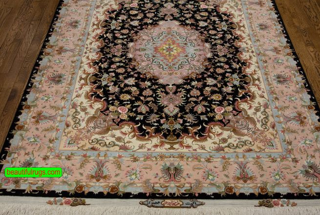 Wool and silk handmade Persian Tabriz ruh in black and white color. Size 5.1x7