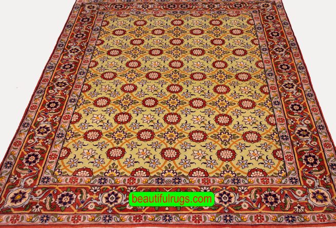 Wool Rug, Persian Veramin Rug, Green and Rust Color Rug. Size 5x6.6