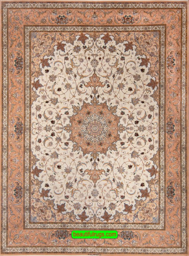 Persian Isfahan rug with beige and peach colors. Size 10x13.4