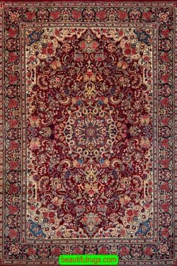 Old Persian rug, handmade Persian Bijar rug in red and blue colors. Size 7.6x10.9