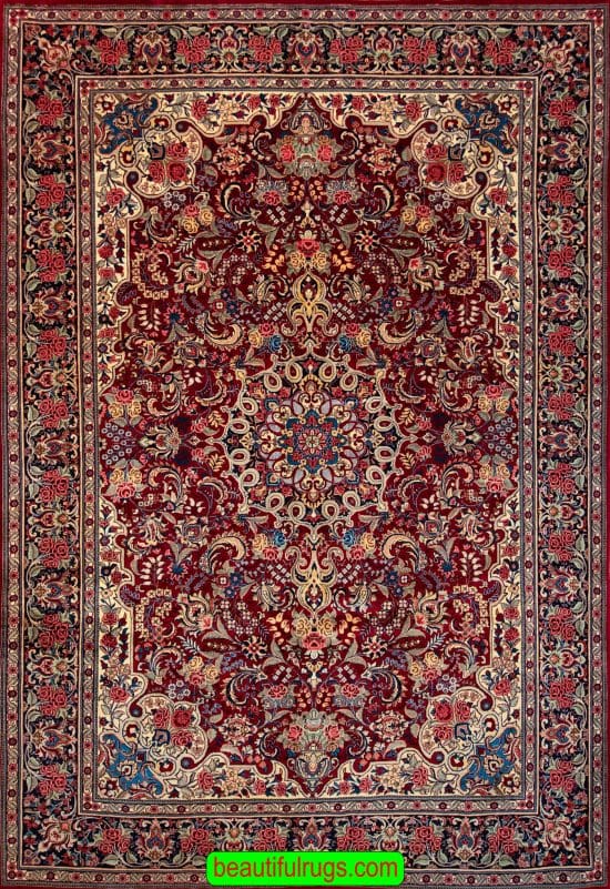 Old Persian rug, handmade Persian Bijar rug in red and blue colors. Size 7.6x10.9