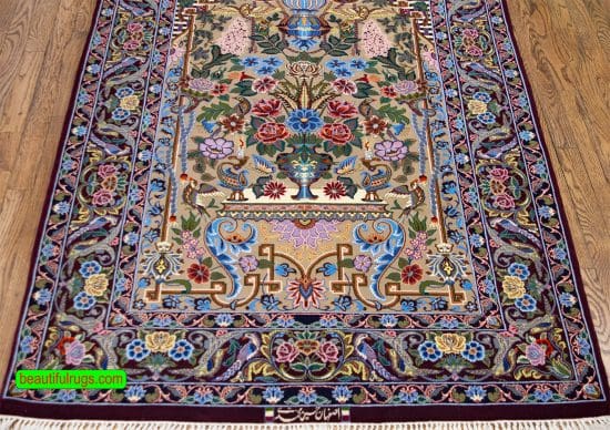Purple color wool and silk Persian Isfahan rug with vase and flowers. Size 3.10x5.8
