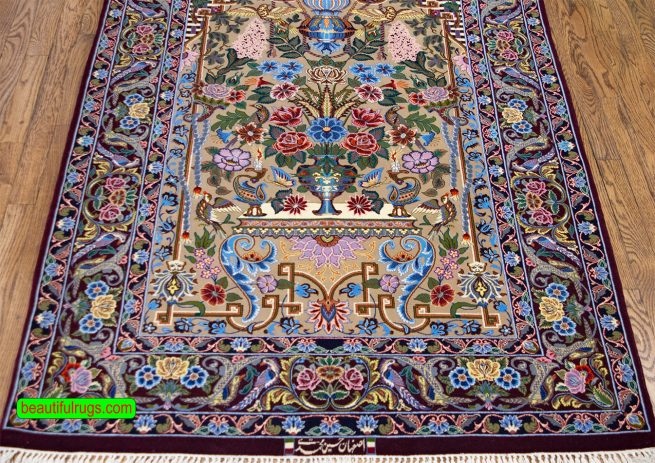Purple color wool and silk Persian Isfahan rug with vase and flowers. Size 3.10x5.8