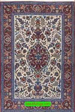 Small rug with beige and red, Persian Isfahan rug made of the finest Japanese kork wool and silk. Size 3.10x5.9