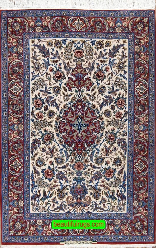 Small rug with beige and red, Persian Isfahan rug made of the finest Japanese kork wool and silk. Size 3.10x5.9