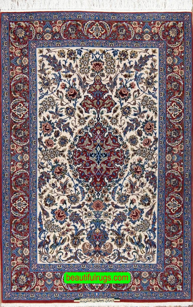 Small rug, Persian Isfahan rug with beige and red color. Size 3.10x5.9