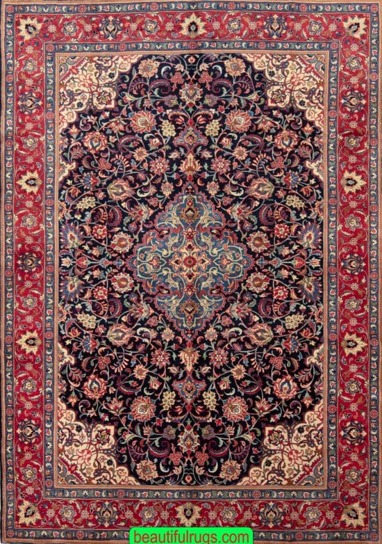 Types of Persian rug, hand knotted floral Persian Saruk rug in navy blue and red color. Size 6.3x9.10.