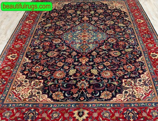 Types of Persian rug, hand knotted floral Persian Saruk rug in navy blue and red color. Size 6.3x9.10.