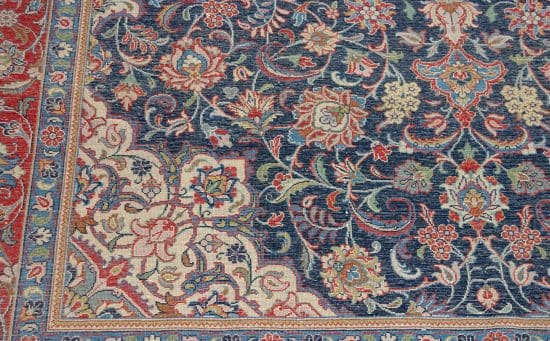 Types of Persian rug, hand knotted floral Persian Saruk rug in navy blue and red color. Size 6.3x9.10.