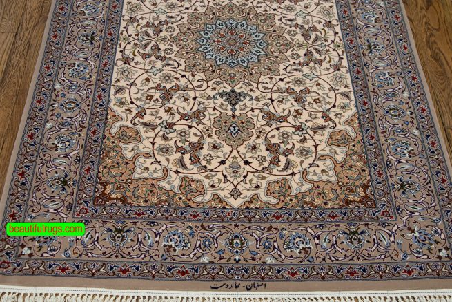 Small area rug, Beige color Persian Isfahan wool and silk rug. Size 3.9x5.8