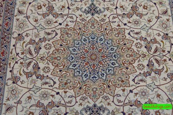 Small area rugs, beige color Persian Isfahan wool and silk rug. Size 4x5.10.