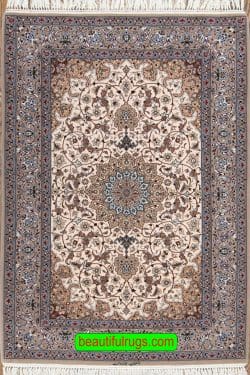 Small area rugs, beige color Persian Isfahan wool and silk rug. Size 4x5.10.