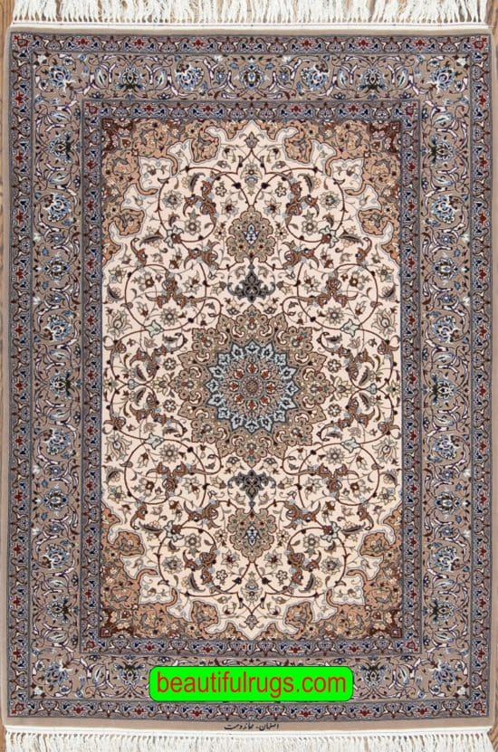 Small area rugs, beige color Persian Isfahan wool and silk rug. Size 4x5.10.