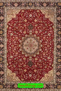 Persian red rug, handmade traditional Persian Tabriz wool and silk rug. Size 8.3x11.8.