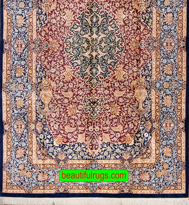 Persian silk rug with red and navy blue color. Size 5x8.7
