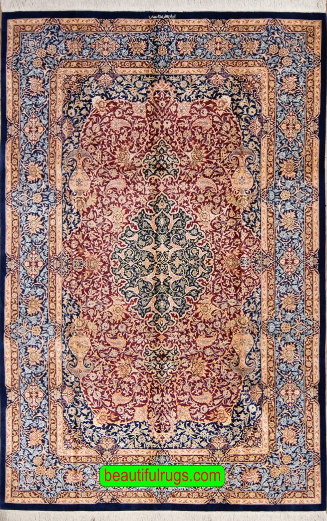 Persian silk rug with red and navy blue color. Size 5x8.7