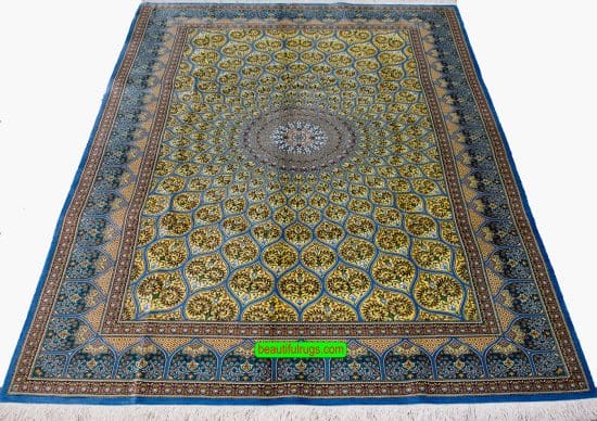 Silk Carpet from Iran, Mosque design, blue and gold color. Size 4.6x6.5