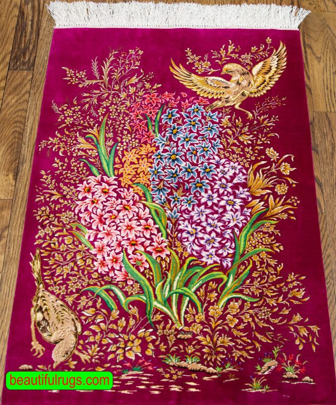 Purple color Persian Qum silk rug hyacinth flowers and birds. Size 2x3.1