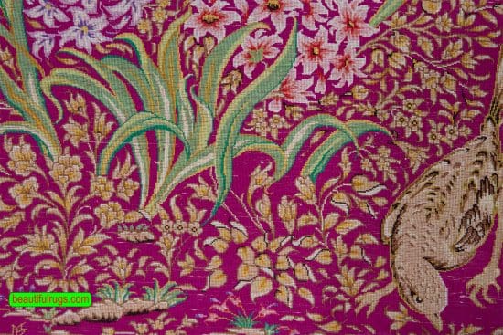 Purple color Persian Qum silk rug hyacinth flowers and birds. Size 2x3.1