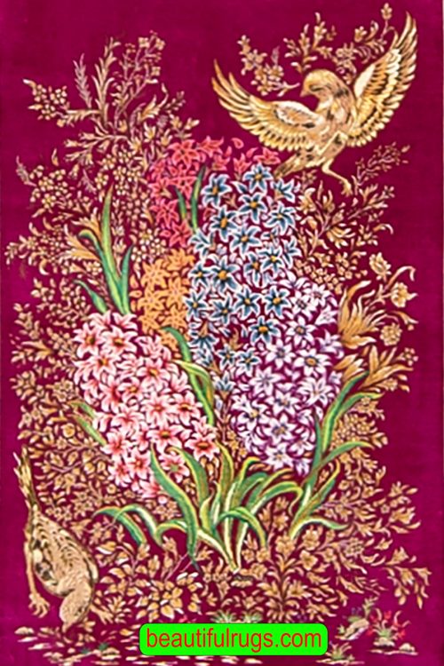 Purple color Persian Qum silk rug hyacinth flowers and birds. Size 2x3.1