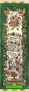 Pure silk Persian Qum runner rugs, floral green runner rug with birds and basket of flower.