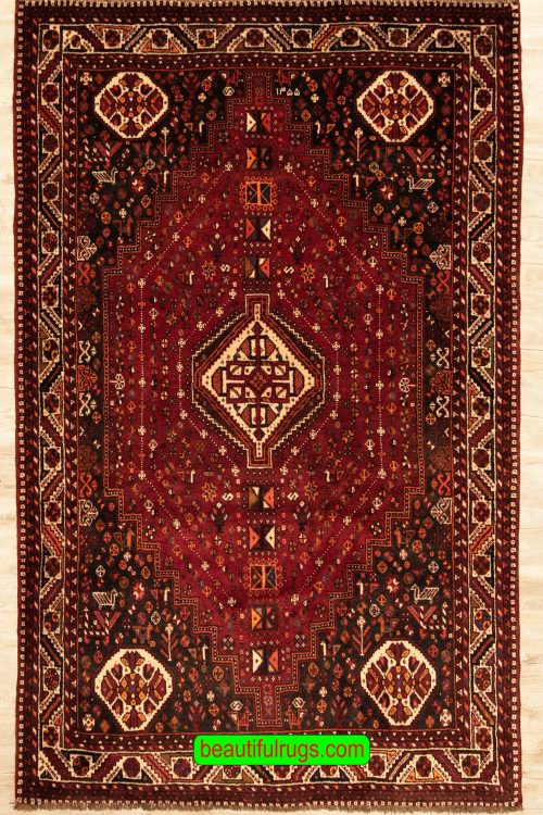 Old Shiraz Rug, Handmade Persian Shiraz Rug, Tribal Design Wool Rug