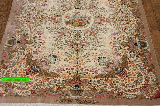 Hand knotted pure silk Persian Qum rug with beige color. Size 3.5x5