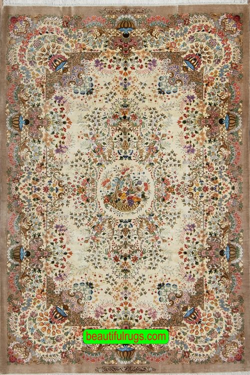 Hand knotted pure silk Persian Qum rug with beige color. Size 3.5x5