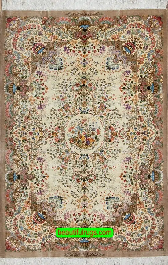 Hand knotted pure silk Persian Qum rug with beige color. Size 3.5x5