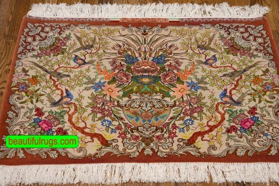 Small area rugs, horizontal Persian Isfahan rug in beige and terracotta colors. Size 3.3x2.6