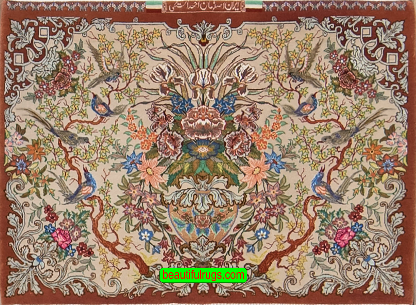 Small area rug, horizontal Persian Isfahan rug in beige and terracotta colors. Size 3.3x2.6